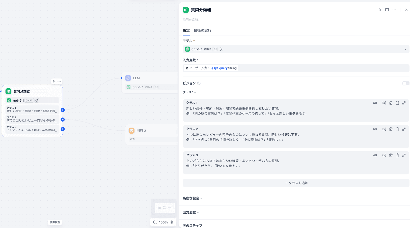 Dify の質問分類器ノードの設定画面。入力変数に sys.query、クラスとして「再検索」「深掘り」「その他」を具体例つきで定義している。